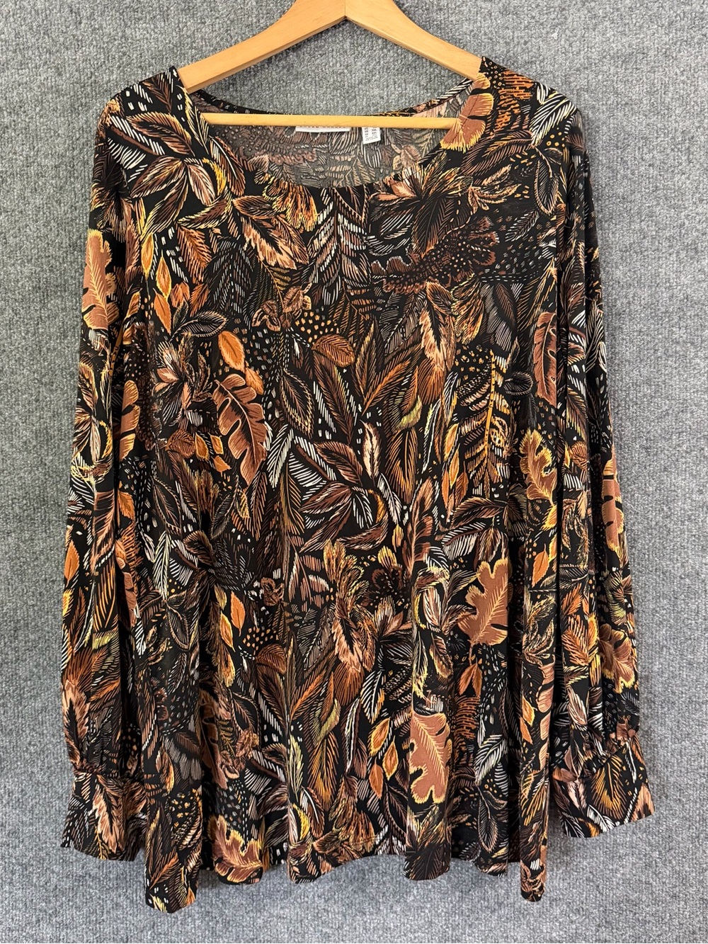 Susan Graver Womens 2X Liquid Knit Tunic Blouse Rust Brown Leaf Fall Long Sleeve